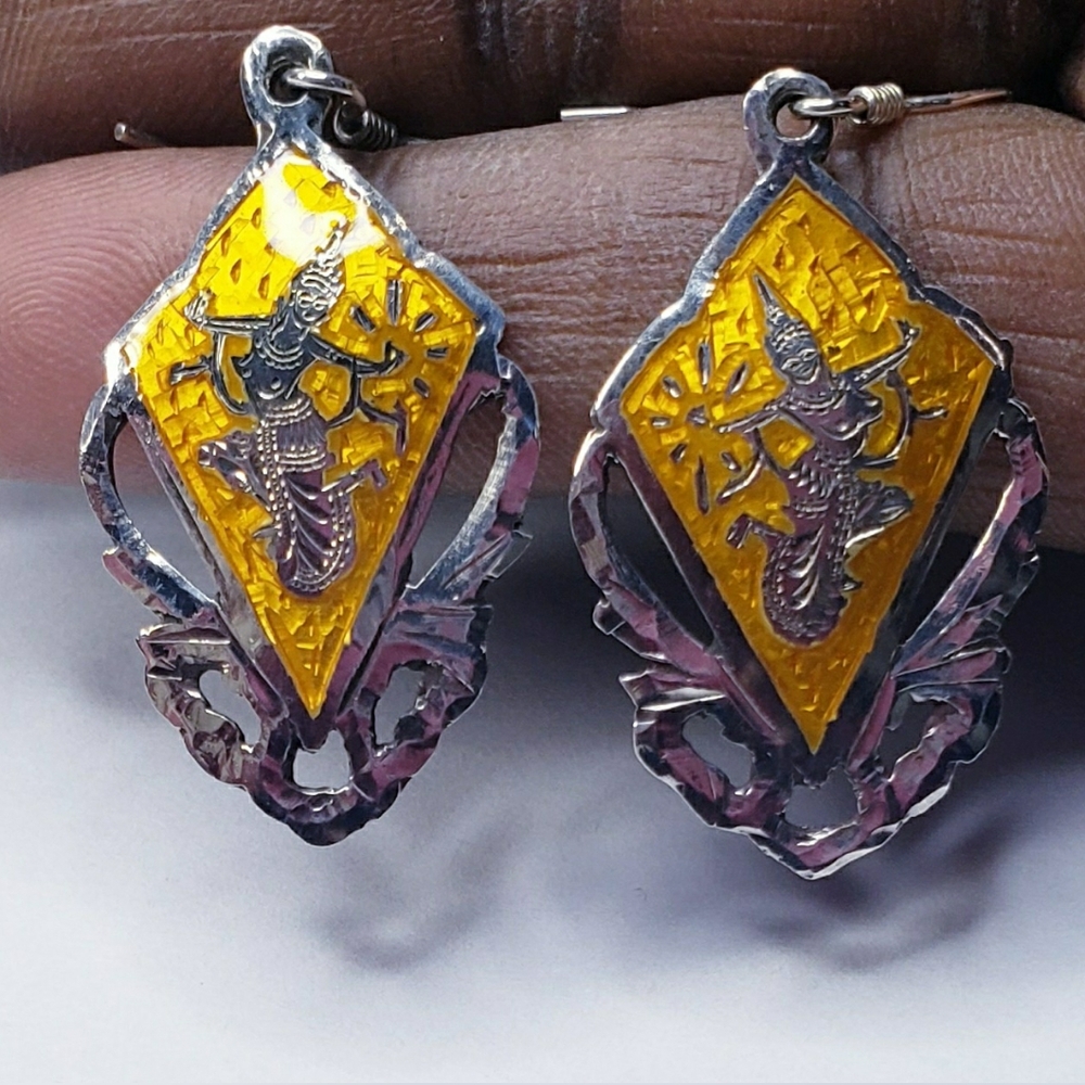 Enamel / Siamese Dancer Dangle Earrings.